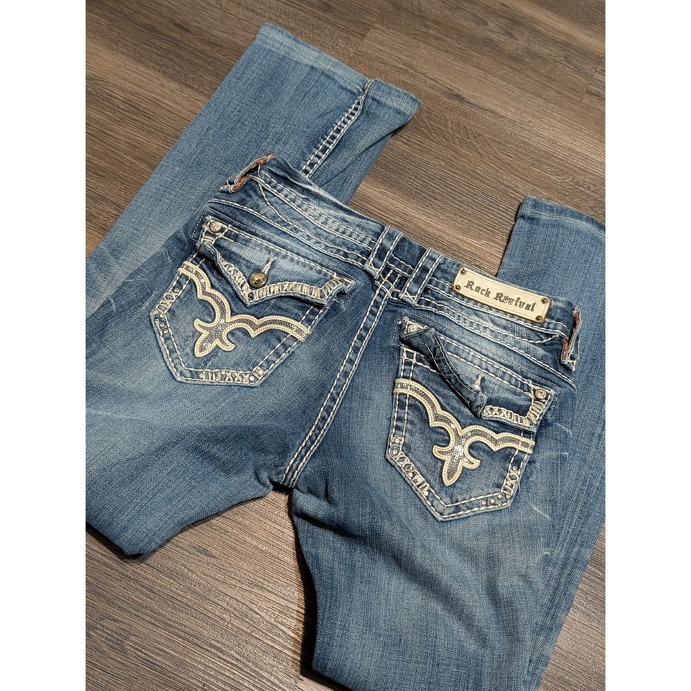 Rock Revival May Bootcut Jeans Womens 28 Medium Wash Distressed Thick Stitch Y2K